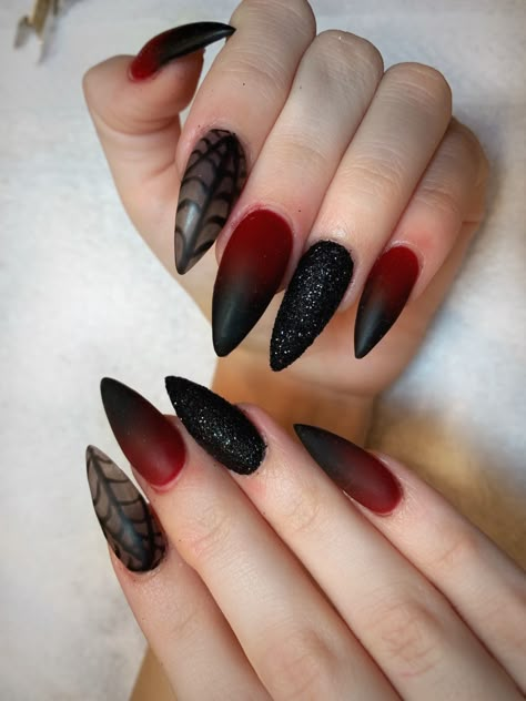 my Halloween nails Red And Black Halloween Nails Coffin, Black And Red Ombre Halloween Nails, Vampy Nail Art, Dracula Nail Art, Blood Red Halloween Nails, Dark Nails Acrylic Coffin, Red And Black Halloween Nail Designs, Deep Red Halloween Nails, Short Stilleto Halloween Nails