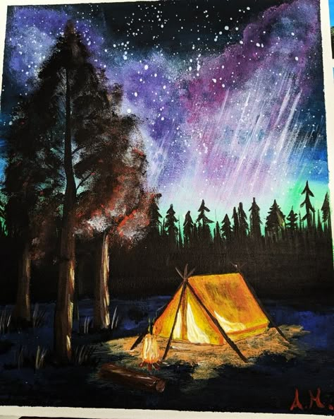 Camping Painting Ideas On Canvas, Camping Painting Canvases, Campfire Painting Acrylic, Camping Painting Ideas, Camping Painting Easy, Campsite Painting, Fantasy Painting Easy, Camping Paintings, Cool Acrylic Paintings