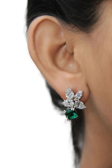 Emerald and Diamond Cluster Earrings, 925 Sterling Silver, Bridal Handmade JEWELRY | ADASTRA JEWELRY Diamond Cluster Earrings, Heritage Jewellery, Historical Jewellery, Expensive Jewelry, Cluster Earrings, Diamond Cluster, Stone Earrings, Jewelry Earrings Studs, Rhodium Plated