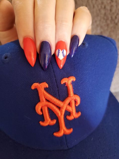 Ny Mets Nails, Mets Nails, Baseball Nail Designs, Ny Mets Baseball, Baseball Nails, Nails Orange, Mets Baseball, Ny Mets, New York Knicks