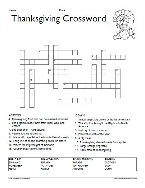 Free Printable Thanksgiving Crossword Puzzle. Print free Thanksgiving Crossword Puzzle activity to share with kids at school for a fun way to learn about the Pilgrims and Thanksgiving Day. Print this crossword puzzle free using your home or school printer, give it to your kids or students and have fun solving the 16 words Thanksgiving Crossword Puzzle. Includes Thanksgiving words Thankful Coloring Sheets For Kids, Free Printable Thanksgiving Crossword Puzzles, November Crossword Puzzle, Thanksgiving Word Puzzles, Thankful Worksheets Free Printable, November Homeschool Activities, Thanksgiving Worksheets Middle School, Thanksgiving Worksheets 4th Grade, Thanksgiving Crossword Free Printable