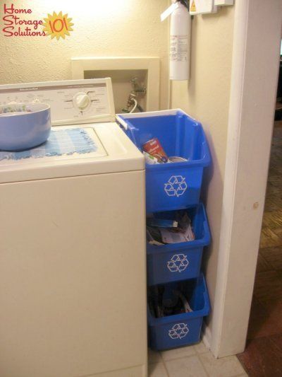 Stacked recycling bins for sorting recyclables in a narrow space, such as here in the laundry room {featured on Home Storage Solutions 101} Storage Solutions Kitchen, Home Recycling, Recycling Storage, Recycling Station, Room Storage Diy, Basement Laundry Room, Home Storage Solutions, Recycling Containers, Kitchen Storage Solutions