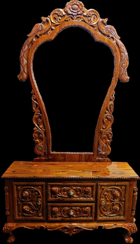 Made with best Teak wood engaged with Royality Teak Dressing Table, Teak Wood Dressing Table, Simple Dressing Table, Fish Wood Carving, Wood Dressing Table, Carving Furniture, Marriage Ideas, Wood Carving Furniture, Ancient Drawings