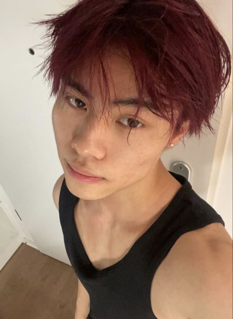 Dark Red Hair Guy, Peekaboo Hair Color Men, Guys With Red Hair Dyed, Cherry Red Hair Men, Burgundy Hair Men, Dark Red Hair Men, Red Hair Blue Eyes Boy, Mallet Haircut, Red Hair Guy