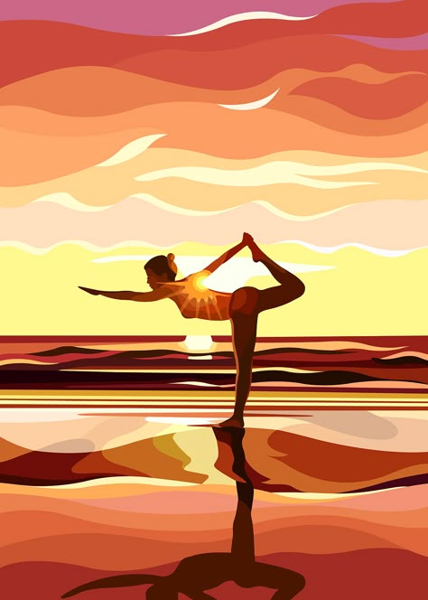 Woman practicing Yoga at sunset on the beach. Vector illustration by Mathilde Crétier Stretch Illustration, Yoga Art Illustration, Yoga Advertising, Yoga Illustration Art, Girly Art Illustrations Life, Yoga In Nature, Yoga Sunset, Fitness Illustration, Yoga Artwork