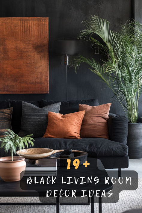 ✨ Ready To Make A Bold Statement? These 19 Stunning Black Living Room Ideas Will Transform Your Space Into A Sophisticated Haven! Click To Discover How To Use Black Like A Professional Interior Designer 🖤 #BlackDecor #InteriorDesign #LivingRoomDecor #ModernHome #BlackInterior #HomeDesign #DecorIdeas Black Furniture On Black Wall, Living Room Rug With Black Wall, How To Decorate Black Leather Couch, Living Room With Black Curtains Ideas, Black Wallpaper Living Room Inspiration, Styling A Black Leather Couch, Boho Living Room With Black Sofa, Style A Black Couch, How To Style A Black Couch