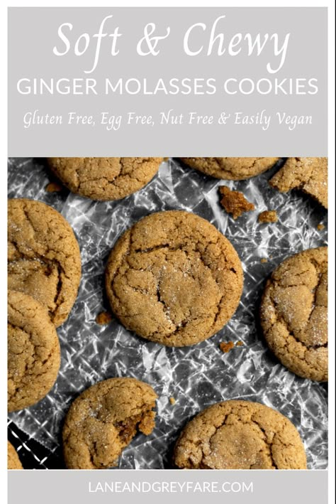 Close up picture of soft & chewy ginger molasses cookies. Gluten Free Dairy Free Molasses Cookies, Gluten Free Ginger Molasses Cookies, Vegan Gluten Free Nut Free Cookies, Eggless Ginger Cookies, Gluten Free Ginger Cookies, Gluten Free Ginger Snaps, Soft Gingersnap Cookies, Egg Free Cookies Recipes, Nut Free Cookies