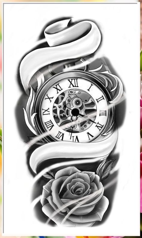 Lion And Watch Tattoo Design, Clock And Rose Tattoo Design For Men, Time Tattoo Ideas For Men, Rose And Clock Tattoo Design, Rose Clock Tattoo Design, Men Clock Tattoo Ideas, Rose Clock Tattoo, Clock Rose Tattoo, Old Clock Tattoo