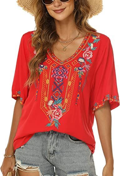 gosiea Women's Summer V Neck Boho Embroidered Mexican Peasant Shirts Tunics Blouses Mexican Peasant Blouse, Flowy Tops Summer, Embroidered Tops, Boho Mode, Estilo Hippy, Peasant Shirt, Hippie Clothes, Bohemian Tops, Boho Shirts