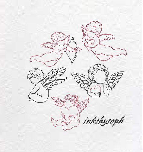 Cupid Matching Tattoo, Tattoo Ideas Cupid, Small Cherub Tattoos For Women, By The Ear Tattoo, Cherub Flash Tattoo, Cherub Holding Heart Tattoo, Minimalistic Angel Tattoo, Simple Cherub Tattoo, Angel Fine Line Tattoo