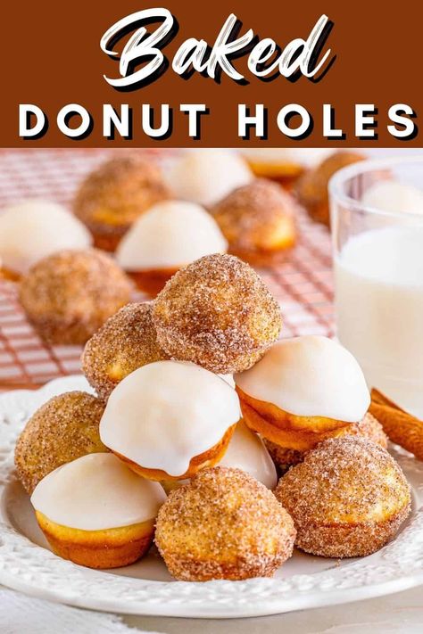 A super fun and easy breakfast recipe these Baked Donut Holes are covered in glaze or a cinnamon sugar! A perfect morning recipe that the whole family will love. Easy Donut Holes Baked, Recipes For Pampered Chef Donut Hole Pan, Baked Doughnut Holes Recipe Easy, Oven Baked Donut Holes, Baked Donut Hole Recipes, Pampered Chef Donut Hole Recipes, Baked Vanilla Donut Recipes, Baked Donut Holes Recipes Easy, Oven Baked Donuts Recipes Easy