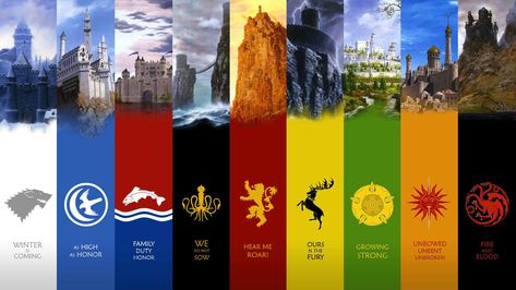 Main houses from "A Song of Ice and Fire" series, along with their house words and illustrations of the castles Game Of Thrones Wallpaper, Castle Quotes, Game Of Thrones Map, Ned Stark, Game Of Thrones Tv, John Snow, Gra O Tron, A Game Of Thrones, Game Of Throne