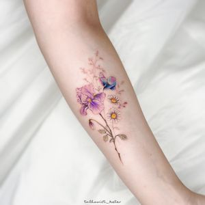 Daisy And Iris Tattoo, Iris Wildflower Tattoo, Purple Iris Tattoo, Daisy Flower Tattoos, Iris Tattoo, Wildflower Tattoo, Flowers Tattoo, Book Tattoo, Purple Iris