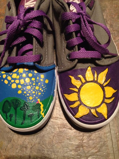 Tangled themed painted vans Painted Disney Shoes, Disney Painted Shoes, Jump Higher, Painted Shoes Diy, Custom Outfits, Painted Canvas Shoes, Painted Vans, Sell Shoes, Sandlot