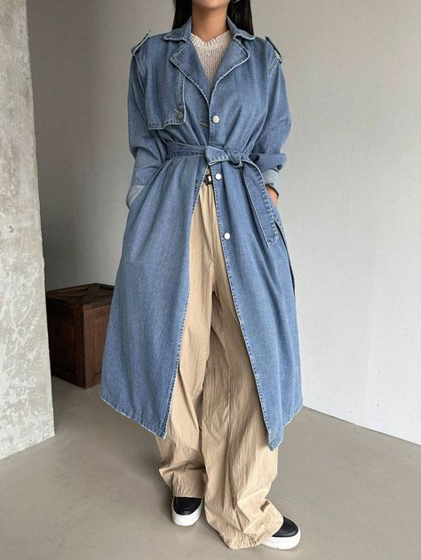 DAZY Drop Shoulder Belted Denim Coat | SHEIN Long Denim Jacket Outfit, Denim Trench Coat Outfit, Trench Outfit, Long Denim Coat, Long Denim Jacket, Denim Coat Women, Trench Coat Outfit, Denim Trench Coat, Denim Jacket Outfit