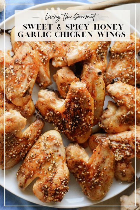 These Sweet and Spicy Honey Garlic Chicken Wings are a delight that blend together subtle spicy notes with zesty ginger and sweet honey. Crockpot Chicken Wings, Spicy Honey Garlic Chicken, Spicy Chicken Wings, Honey Garlic Chicken Wings, Flexitarian Recipes, New Chicken Recipes, Garlic Chicken Wings, Broiled Chicken, Quick And Easy Appetizers