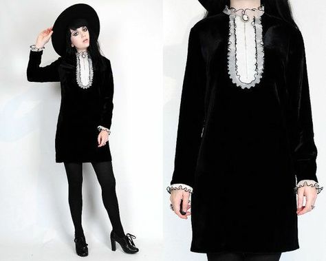 Mod Goth, Black Velvet Tuxedo, Horror Clothing, Horror Clothes, Twiggy Dress, Gothic Fashion Women, Witch Style, Velvet Tuxedo, Retro Goth