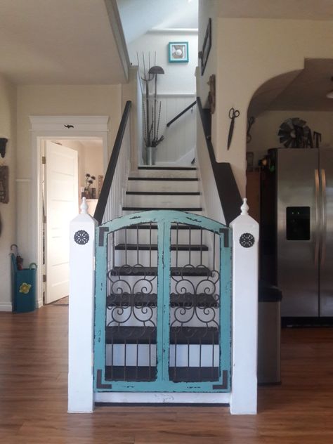 Permanent Dog Gate, Stair Dog Gate, Dog Gate Ideas, Decorative Dog Gates, Dog Gates Indoor, Diy Pet Gate With Cat Door, Diy Extra Tall Pet Gate, Under Stairs Dog House Barn Door, Pet Friendly Backyard