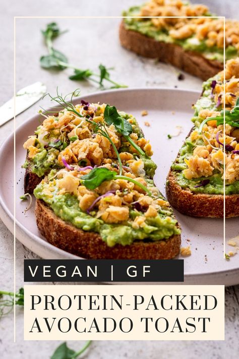 Craving avocado toast but want something more filling? This Protein-Packed Avocado Toast made with chickpeas is high in plant protein and makes the ideal healthy breakfast or lunch. Totally vegan and nut free, it can be made gluten free too. #vegan #avocadotoast #avocado #breakfast #toast #brunch #lunch Plant Based Avocado Toast, High Protein Avocado Toast Vegan, Vegan Avocado Toast Recipes, Chickpea Avocado Toast, Avocado Toast High Protein, High Vegan Protein Breakfast, High Protein Toast Ideas, Protein Avocado Toast, Avocado Toast Vegan