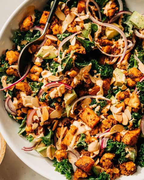 Kale Power Salad with Spicy Almond Dressing | The First Mess Kale Salad Vegan, Summer Kale Salad, Kale Power Salad, Kale Salads, Spicy Almonds, Salad Kale, Fried Broccoli, Power Salad, Resep Salad