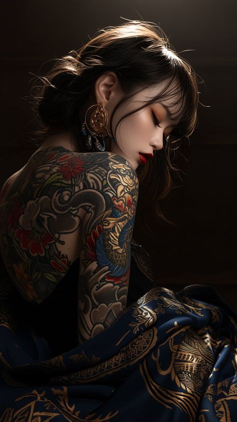 Image Woman Japanese Tattoo, Japanese Woman Tattoo, Geisha Aesthetic Art, Female Illustration Art, Beautiful Geisha Tattoo, Traditional Japanese Woman Art, Mujeres Tattoo, Female Monster, Beautiful Profile Pictures