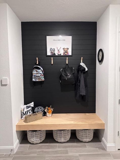 White And Black Mudroom, Black Drop Zone, Tricorn Black Mudroom, Black Mudroom Bench, Easy Mudroom Ideas, Garage Entryway Ideas Into Kitchen, Lake Mudroom, Board And Batten Entryway With Bench, Black Mud Room