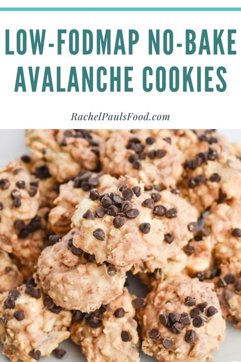 Low-FODMAP 5 Ingredient, No-Bake 'Avalanche' Cookies; Gluten-free, Vegan | Rachel Pauls Food Low Fodmap Rice Krispie Treats, 5 Ingredient Low Fodmap, Low Fodmap No Bake Cookies, Low Fodmap No Bake Desserts, Low Fodmap Cookies, Low Fodmap Desserts Easy, Fodmap Cookies, Low Fodmap Desserts, Vegan Fodmap