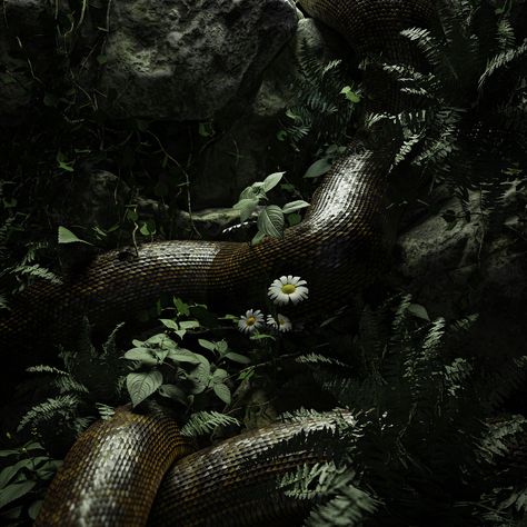 Snake In Forest, Snake In Tree, Swamp Woman, Serpent Aesthetic, Making Aesthetic, 3d Forest, Dappled Sunlight, Snake Scales, Dark Forest Aesthetic