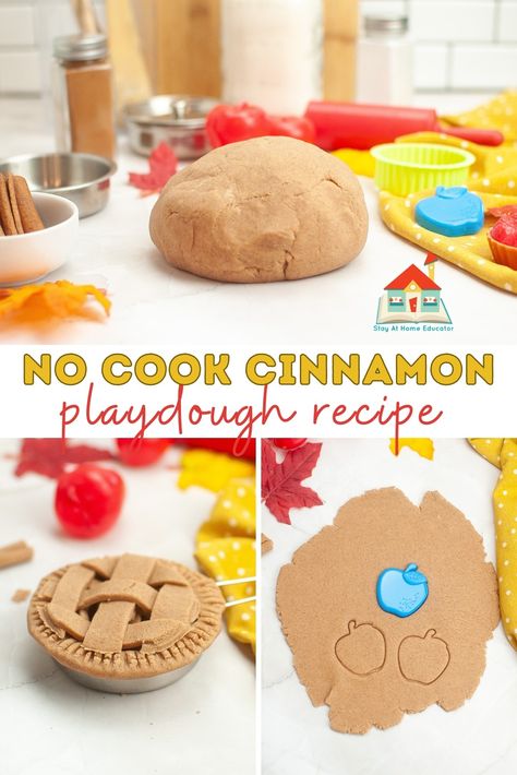 No-Cook Cinnamon Playdough Recipe - Stay At Home Educator Pumpkin Pie Playdough No Cook, Crockpot Playdough Recipe, Cinnamon Scented Playdough, Cornmeal Playdough, Homemade Cinnamon Playdough, Apple Cinnamon Playdough Recipe, Pumpkin Spice Playdough Recipe No Cook, Fall Playdough Recipes, No Bake Playdough Recipe