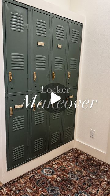 Brittani Boren • YOUTUBE MAMA on Instagram: "I had always thought it would be fun for each of our kids to have their own lockers in our house for things like shoes, backpacks, etc, so when I found these vintage  lockers at a local antique shop I took them home to re-finish them!  I don’t have video from the entire process, but basically I cleaned them really well, sanded them down, used a metal primer, painted them (pewter green- Sherwin Williams), had trim built around them in the new house, and used rough n buff (gold leaf) on the handles! I found the name magnets on Etsy!" Metal Locker Mudroom Ideas, Bedroom With Lockers, Painting Lockers Diy, Closet Locker Ideas, Lockers In Garage, Painting Lockers, Old Lockers Repurposed, Upcycled Lockers, Metal Lockers Ideas For Home