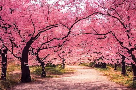 Pink sakura blossoming alley wonderful p... | Premium Photo #Freepik #photo #pink-tree #cherry-tree #japanese-cherry-blossom #blossom-tree Cherry Blossom Tree Reference, Cherry Blossom Wallpaper Desktop, Sakura Tree Background, Sakura Landscape, Sakura Forest, Cherry Blossom Landscape, Tree Desktop Wallpaper, Sakura Aesthetic, Cherry Blossom Pictures