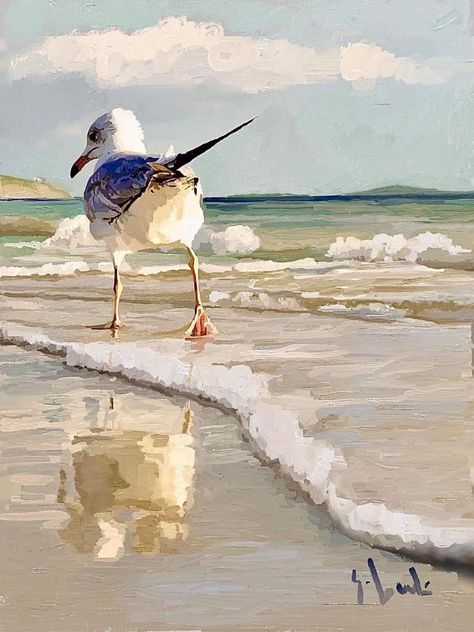 Bird In Water Painting, Paintings Of Seagulls, Beach Painting Ideas, Seagull Painting, Beach Birds, Beauty In Art, Art Courses, Beach Painting, Sea Birds