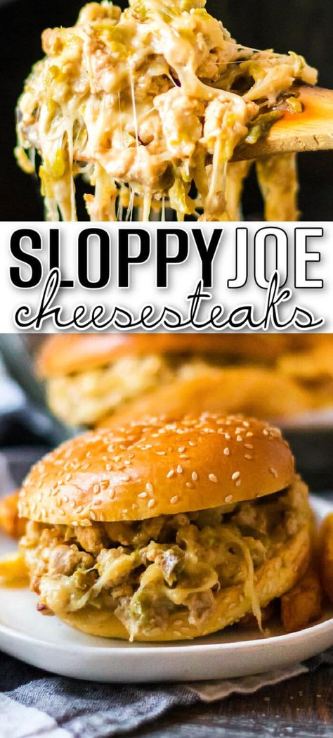 BEST CHEESESTEAK SLOPPY JOES White Sloppy Joes Recipes, Best Sloppy Joes Ever, Chicken Sloppy Joe Recipe, Cheesesteak Sloppy Joes, Crock Pot Sloppy Joes, Veggie Stir Fry Recipes, Chicken Cheesesteak, Chicken Broth Recipes, Meat Recipes For Dinner