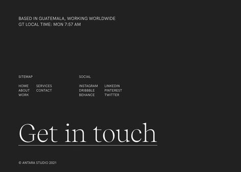 Antara Studio - Footer for web design inspiration added by Awwwards to studio, portfolio, clean, footer Portfolio Footer Design, Website Footer Design Inspiration, Footer Ui Design, Contact Page Web Design, Footer Design Inspiration, Footer Inspiration, Email Footer Design, Footer Web Design, Website Footer Design