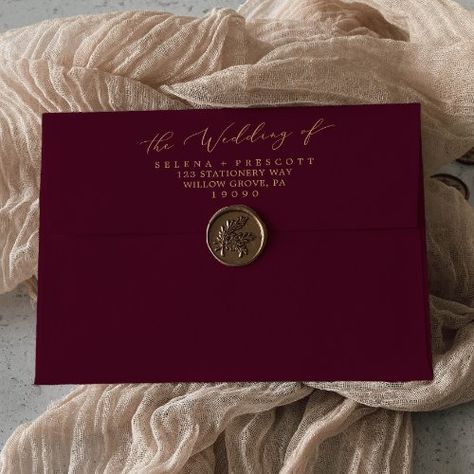 $1.00 | Delicate Gold Burgundy Wedding Invitation Envelope #elegant printed return address, minimalist white colored, modern the wedding of, simple wedding, romantic wedding, whimsical wedding, classic chic script typography k200, classy minimal champagne golden yellow, autumn fall marsala maroon calligraphy, burgundy red gold wedding Maroon And Champagne Wedding, Gold And Red Wedding Theme, Maroon Wedding Invitations, Red And Gold Wedding Invitations, Red And Gold Wedding Theme, Bridgerton Brunch, Gold Burgundy Wedding, Elegant Fall Wedding Invitations, Popular Wedding Songs