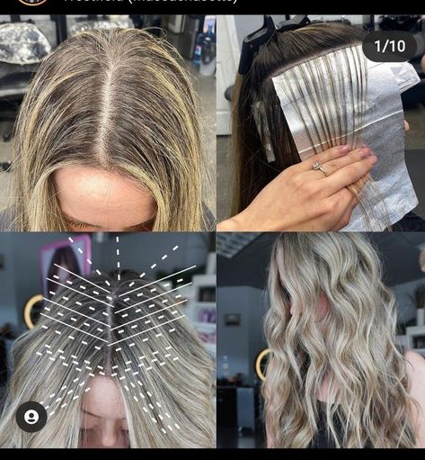 Partial Foil Vs Balayage, Highlight Foiling Techniques, Partial Highlights Sectioning, Partial Balayage Placement Techniques, Foil Placement Techniques Pattern, Foil Patterns Hair Highlights, Foilayage Placement, Highlight Patterns, Foil Placement