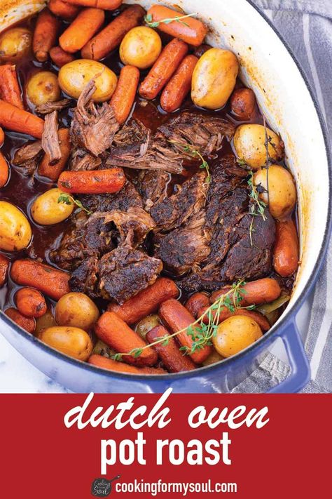 Dutch Oven Pot Roast! This delicious pot roast is made right in the Dutch oven. It's packed with a lot of flavor and cooked in the oven until tender and fall-apart. #cookingformysoul All Day Roast In Oven, Roast In Dutch Oven Pot, Pot Roast Dutch Oven Recipes Easy, Oven Roasted Pot Roast, Dutch Oven Chuck Roast In Oven, Oven Roasted Chuck Roast Recipes, Easy Pot Roast In The Oven, Pork Roast Dutch Oven, Chuck Roast In Dutch Oven