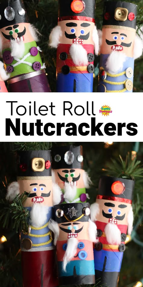 Kids can make a colourful set of nutcracker ornaments using cardboard roll, paint and some craft odds and ends. Display them on a mantel or windowsill, or hang them on your Christmas tree. #HappyHooligans #Christmas #Craft #kids #Nutcracker #CardboardRoll #PaperTowelRoll #ToiletPaperRoll #LooRoll #TPRoll #HomemadeOrnaments Paper Towel Roll Nutcracker, Nutcracker Kids Craft, Nutcracker Toilet Paper Roll Craft, Preschool Nutcracker Craft, Nutcracker Christmas Tree Decorations, Nutcracker Ornaments Diy Kids, Diy Nutcracker Ornament, Nutcracker Ornaments Diy, Nutcracker Crafts For Kids