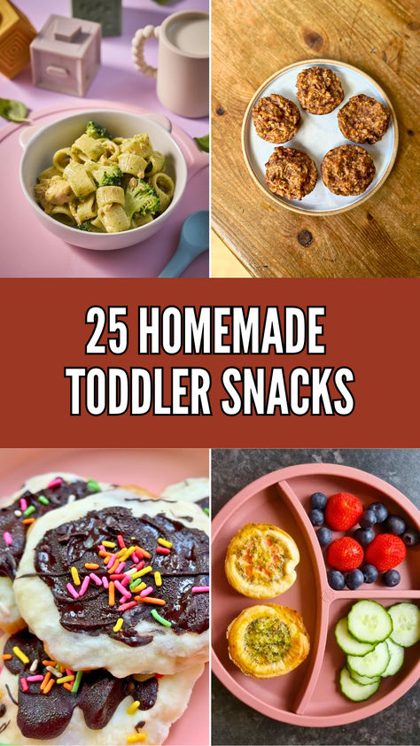 A delicious collage of easy homemade toddler snacks. Includes colorful pasta, muffins, fruit plates, and creative snack ideas to keep little ones happy and nourished. Snack Ideas Toddlers, Toddler Meal Ideas Healthy, Gluten Free Toddler Snacks, Toddler Snack Bars, Easy Recipes For Toddlers, Make Ahead Toddler Snacks, Toddler Wake Up Snacks, Toddler Snack Ideas For Daycare, Homemade Pouches For Toddlers