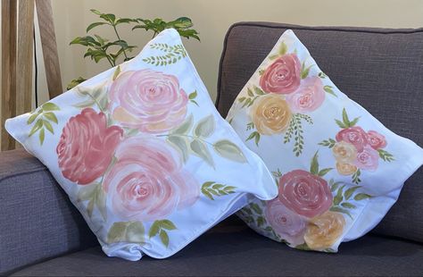 Hand painted cushions. Fabric art. Painted Cushions, Garden Decor Projects, White Cushions, Rose Garden, Fabric Art, Garden Decor, Art Painting, Cushions, Hand Painted