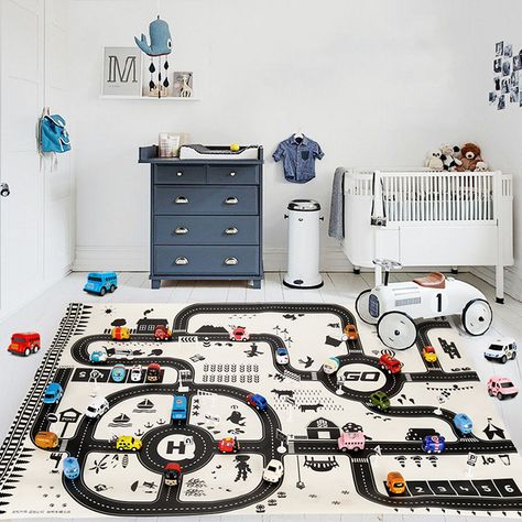 Kid Friendly Basement, Toddler Car Games, Playhouse Interior Ideas, Playroom Minimalist, Playroom Ikea, Baby Bedroom Girl, Playroom Basement, Car Play Mats, Road Kids