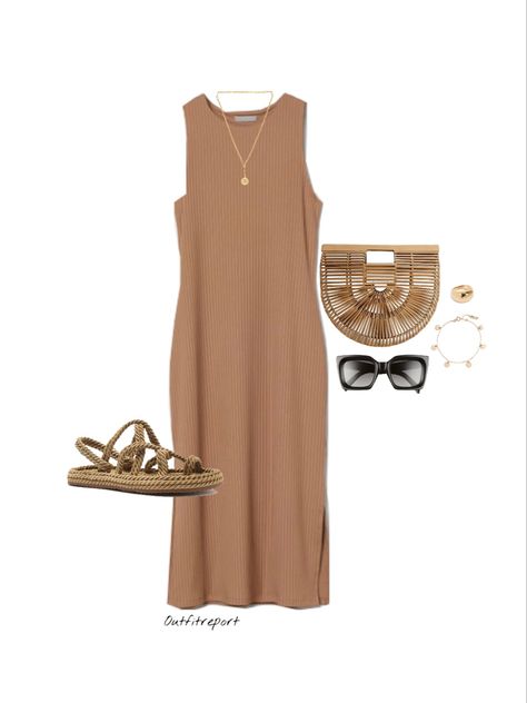 Brown Summer Outfits, Brown Sandals Outfit, Formal Smart Casual, Straw Sandals, Pentecostal Fashion, Calf Length Dress, Looks Party, Causual Outfits, Black Sunglasses