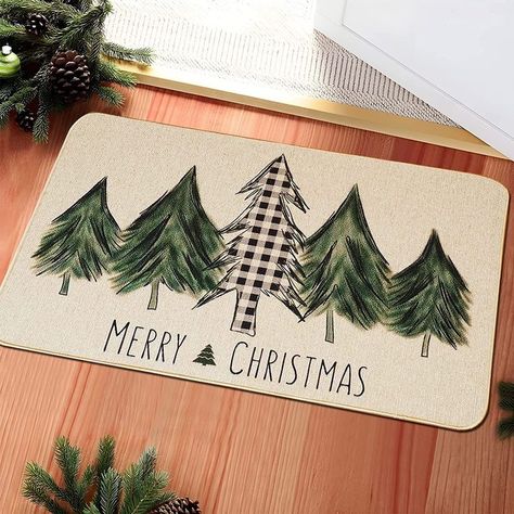 Christmas Trees Door Mat Seasonal Winter Happy Holiday Farmhouse Doormat Kitchen Low-Profile Floor Rug Switch Mat for Home Decor Indoor Outdoor 17.5 x 29 Inch Christmas Decor Black, Christmas Doormats, Outdoor Christmas Planters, Christmas Coat, Christmas Planters, Christmas Doormat, Hand Painted Christmas, Trees Christmas, Craft Night