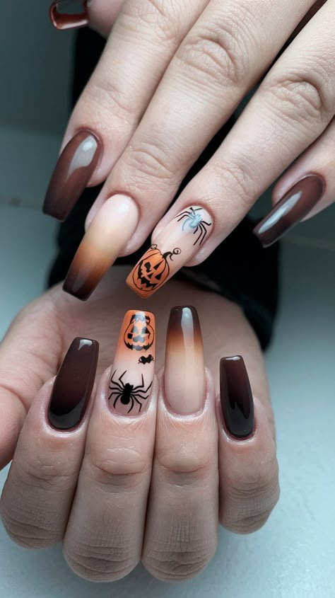 Orange And Brown Halloween Nails, Medium Square Halloween Nails, Clean Halloween Nails, Beige Halloween Nails, Ballerina Nails Halloween, Halloween And Fall Nails, Halloween Nails Brown, Brown Halloween Nails, Fall Theme Nails