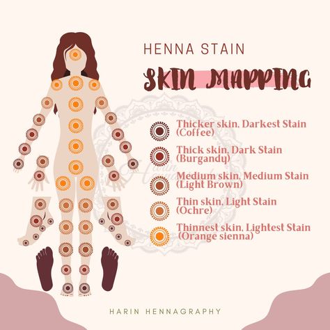 How henna stain on your body depends on the thickness of skin surface. Chart shows where henna stain the lightest & darkest on our skin. Henna For Dark Skin, Henna Dark Skin, Henna On Dark Skin, Henna History, Aesthetic Henna, Henna Recipe, Skin Mapping, Henna Style Tattoos, Henna Tutorial