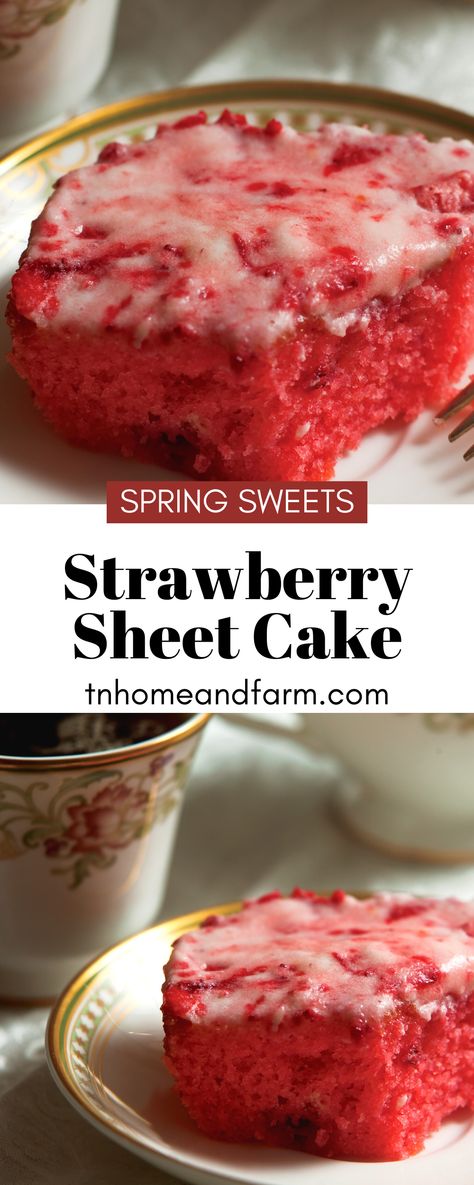 Strawberry sheet cake slices on plate Mashed Strawberry Recipes, Strawberry Delight Cake, Strawberry Wet Cake, Strawberry Cake Recipe With Jello, Strawberry Jello Cake Recipe, Pioneer Woman Strawberry Cake, Strawberry Cake With Frozen Strawberries, Strawberry Jello Recipes, Strawberry Cake With Jello