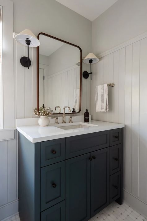 Oak Interior Design, Park And Oak, Navy Bathroom, Oak Interior, Mudroom Laundry Room, Boys Bathroom, Laundry Mud Room, Rooms Reveal, Black Cabinets