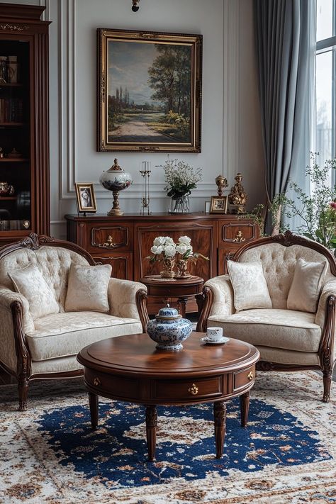 29 Antique Living Room Ideas to Add a Touch of History to Your Space 3 Home Decor Ideas Aesthetic Vintage, English Classic Living Room, Dark French Living Room, Traditional Decor Aesthetic, Traditionalist Interior Design, Antique Furniture Styling, French Parlor Room, Antique Eclectic Living Room, Antique Sitting Room