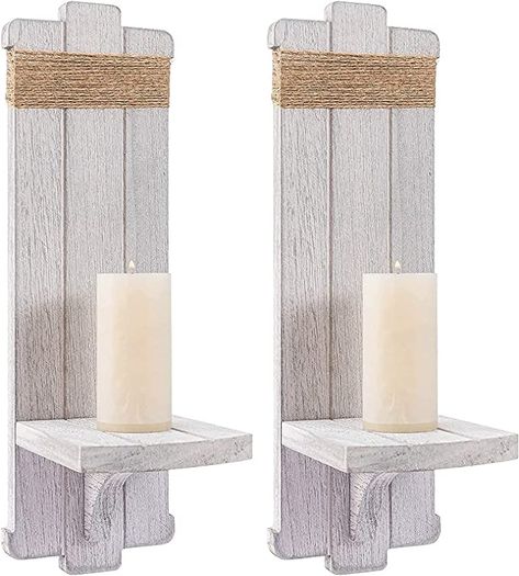 Amazon.com: 2 PCS Farmhouse Wall Hanging Candle Sconces - Nordic Style Handmade Wooden Wall-Mount Candle Holders Rustic Hanging Wall Sconces for Bedroom Living Room Kitchen Bathroom(Grayish White) : Home & Kitchen Sconces For Bedroom, Farmhouse Sconces, Wall Mounted Candle Holders, Hanging Candle, Rustic Candle Holders, Hanging Candles, Wooden Candle Holders, Wooden Candles, Wall Candles