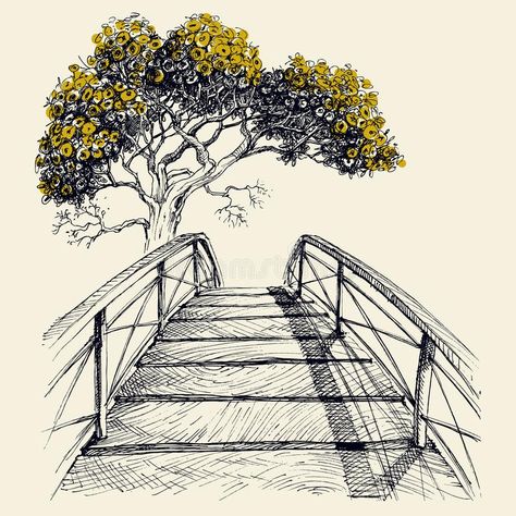 Wooden bridge arch and blooming tree vector illustration River Drawing, Vintage Flower Backgrounds, Bridge Tattoo, Forest Sketch, Tree Vector Illustration, Bridge Drawing, Palm Tree Drawing, Background Landscape, Plan Image